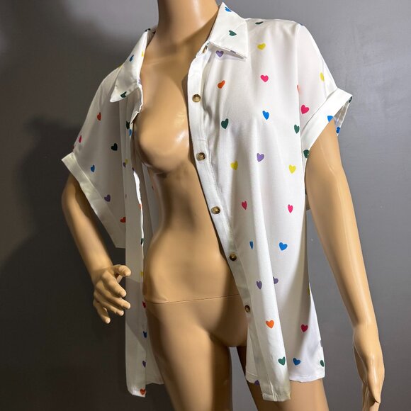 White Button-Down Shirt with Rainbow Heart Print ~ Fun, Playful Oversized Fit - Picture 4 of 4